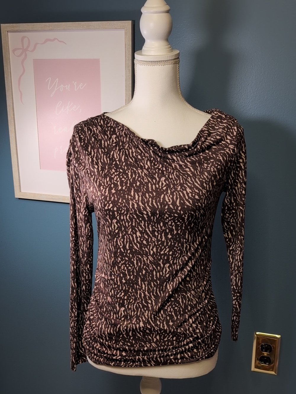 LOFT Long-Sleeve Cowl Neck Top in Brown and Pink Abstract